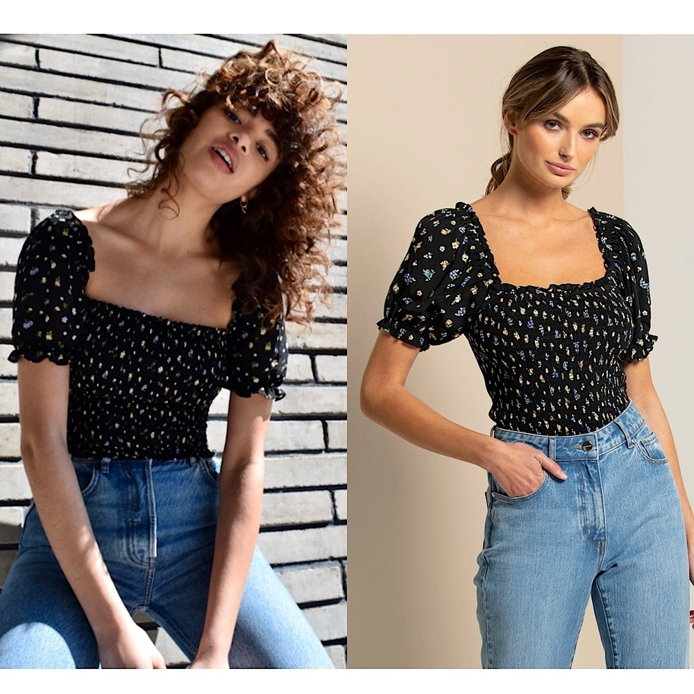 REFORMATION Ditsy Floral Print Square Neck Puff Short Sleeve Smocked Crop Top XS